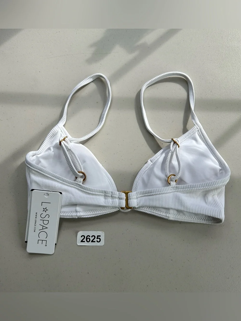 L*SPACE Helena Bikini Top XS White Ribbed Gold V Wire Swimwear Bachelorette NWT